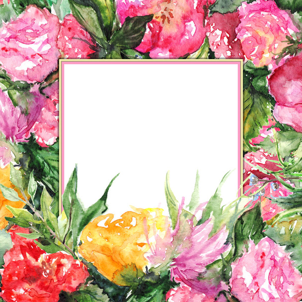 水彩フラワー花のロマンチックなフレーム枠イラスト - 写真・画像