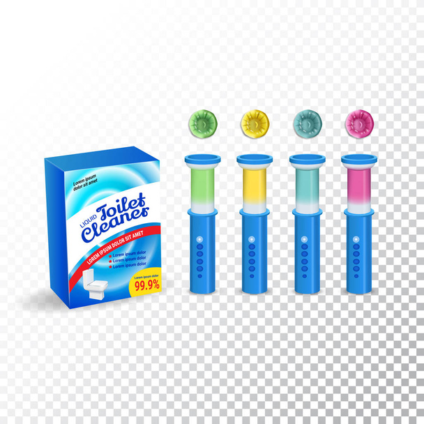 Set di gel per la pulizia dei servizi igienici modello. Distributori multicolore in plastica, scatole e dischi in gel
. - Vettoriali, immagini