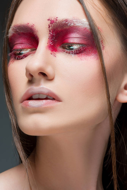 Beautiful woman face portrait close up with red make up - Φωτογραφία, εικόνα