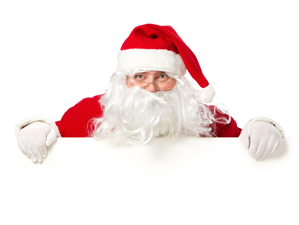 Papai Noel por trás do sinal em branco
 - Foto, Imagem