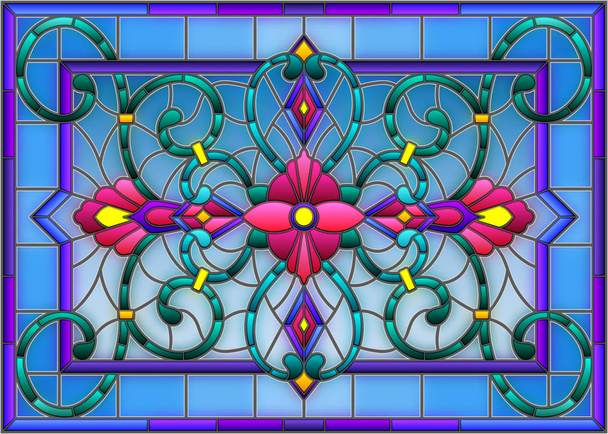 Illustration im Glasmalereistil mit abstrakten Wirbeln, Blumen und Blättern auf hellem Hintergrund, horizontale Ausrichtung - Vektor, Bild