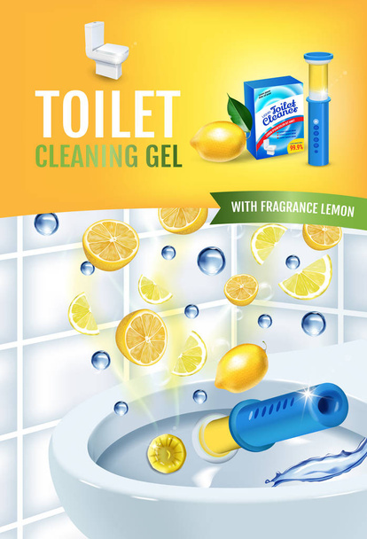 Citrus fragrance toilet cleaner gel disc ads. Vector realistic Illustration with toilet bowl gel dispenser and gel discs. Vertical poster. - Vector, Image