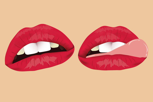 Um conjunto de lábios femininos. Lábios exuberantes, como beijar com uma boca aberta. Chic sexy lábios vermelhos no fundo bege. Erótica, tentação
. - Vetor, Imagem