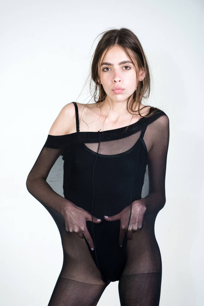 fashion and beauty, woman in black nylon tights and bodysuit - Fotó, kép
