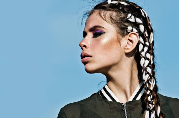 girl with adorable face, makeup and stylish braids - Fotografie, Obrázek
