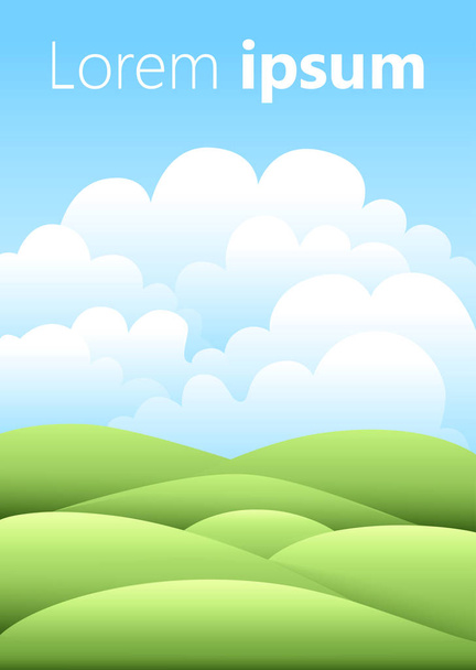 Ilustração do vetor. Paisagem natural brilhante com céu, colinas e grama. Cenário rural. Campo e prado
 - Vetor, Imagem