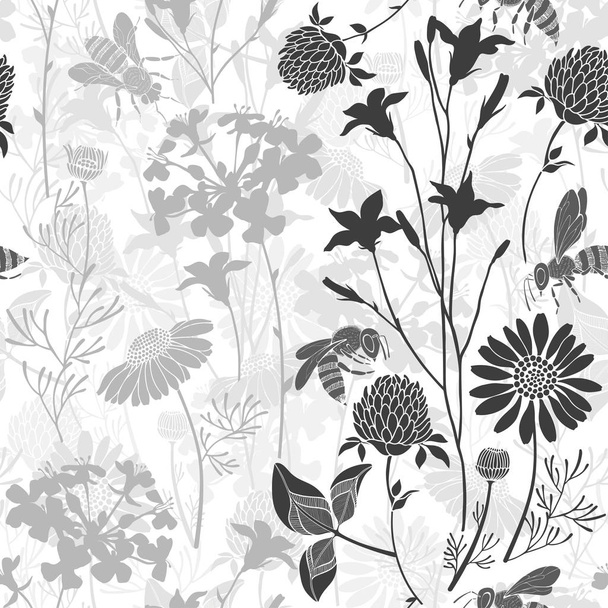 pattern with wild flowers and bees. - Vektori, kuva