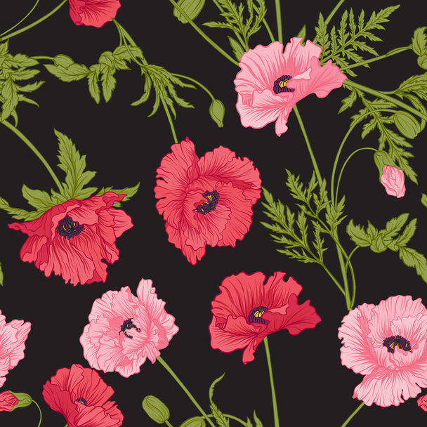 Seamless pattern with pink and red poppy flowers - Vector, Imagen