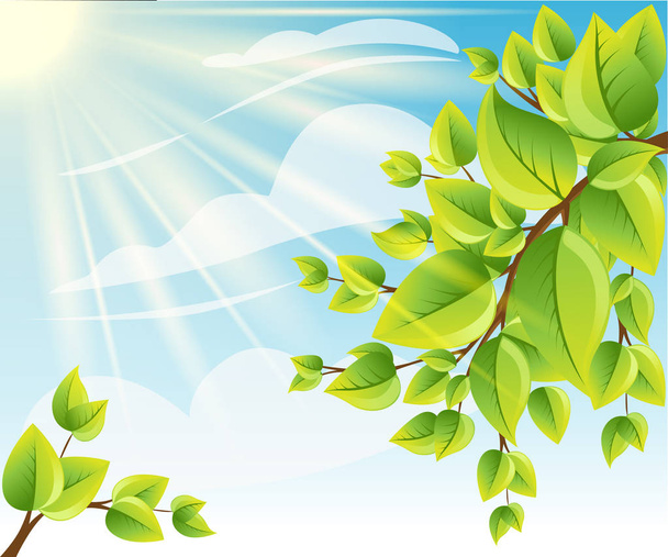 vector tree branch with green leaves Vector illustration. Bright nature landscape with sky - Vector, Image