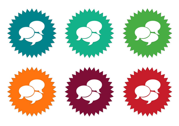 Set van kleurrijke stickers pictogrammen met bubble toespraken symbool in de kleuren blauw, groen, oranje, rood en bordeauxrood - Foto, afbeelding