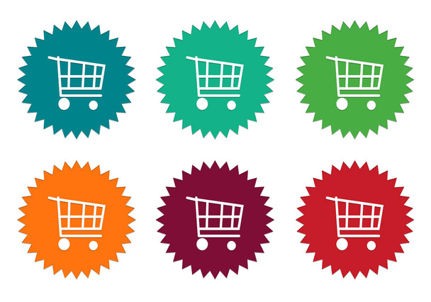 ショッピングでは青、緑、オレンジ、赤、ワインレッド色のカート シンボルのカラフルなステッカーのアイコンのセット - 写真・画像