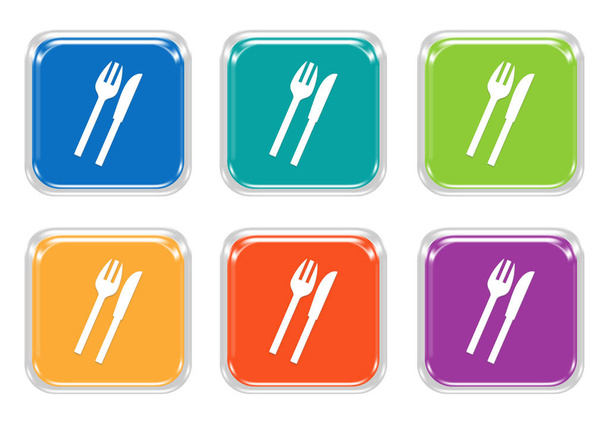 Sarja neliön värikkäitä painikkeita, joissa on ravintolan symboli
 - Valokuva, kuva