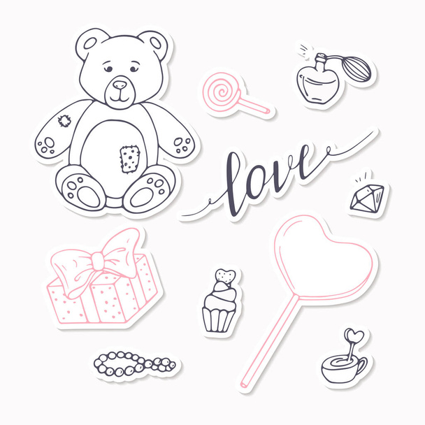 Valentine day black and red stickers collection with LOVE hand drawn sign - Vector, Image