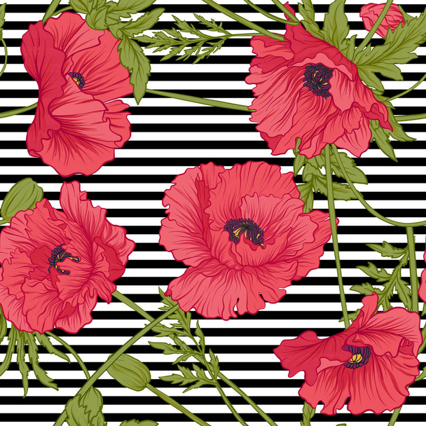 Patrón sin costuras con flores de amapola rosadas y rojas en pt botánico
 - Vector, Imagen