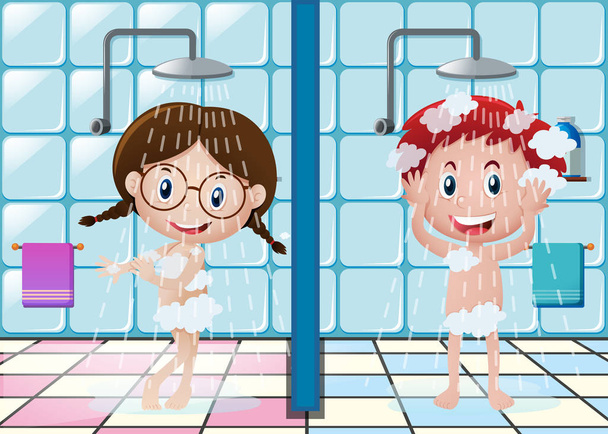 Boy and girl showering in bathroom - Vector, Image