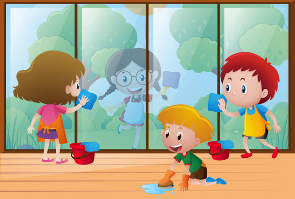 Dzieci, czyszczenie okna w domu - Wektor, obraz