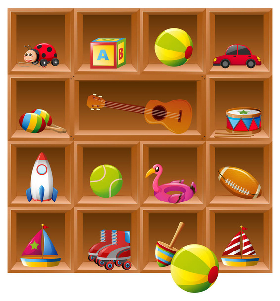 Many toys on wooden shelves - Vector, Image
