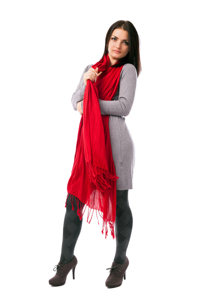 Young woman posing with red scarf - Foto, Imagen