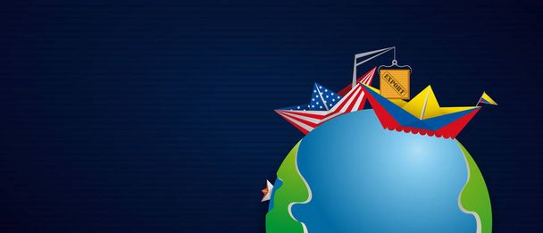 konzeptionelle Illustration über den kommerziellen Austausch zwischen den Vereinigten Staaten von Amerika und Kolumbien, Papierboote mit der Flagge jedes Landes - Vektorbild - Vektor, Bild