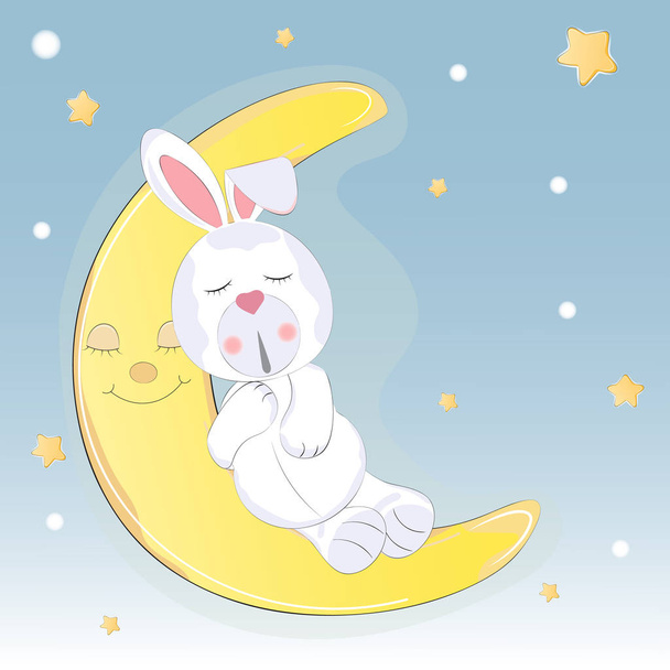 Cute catoon hare who sleep on the moon. - Вектор, зображення