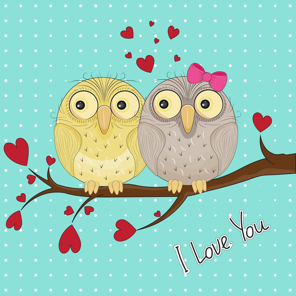 Greeting card with two cute owls in love sitting on branch. - Vetor, Imagem