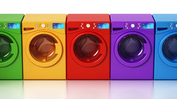 Multi colored washing machines isolated on white background. 3D illustration - Photo, Image