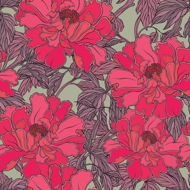 Seamless pattern with poppy, Peonies or roses flowers  - Вектор,изображение
