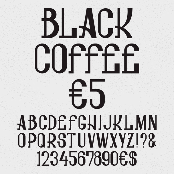 Fuente de estilo retro. Letras mayúsculas y números. Alfabeto inglés aislado con texto Café Negro 5 euros
. - Vector, Imagen
