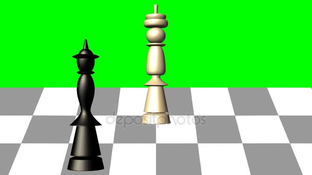 3D Schaken scène, zwarte koningin geeft de mat aan de witte koning, animatie op groen scherm - Video