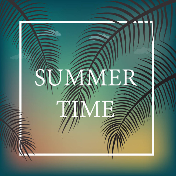 Hello Summer Vector Illustration - Bold Text with Palm Trees on blue Background - Vektör, Görsel