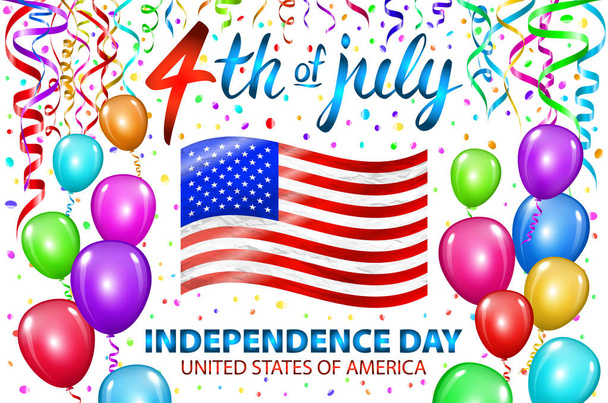 Illustration of Independence Day Vector Poster. 4th of July Lettering. American Red Flag on Blue Background with Stars and Confetti. colorfull ballon - Vektor, Bild