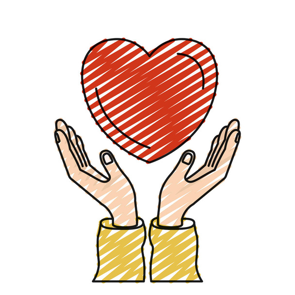Farbstift Silhouette Hände mit schwimmenden Herzen Charity-Symbol - Vektor, Bild