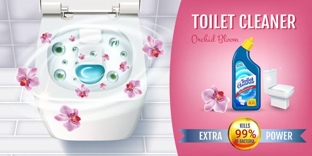 Orchideenduft Toilettenreiniger Gel-Werbung. Vektorrealistische Illustration mit Draufsicht auf Toilettenschüssel und Desinfektionsbehälter. horizontales Banner. - Vektor, Bild