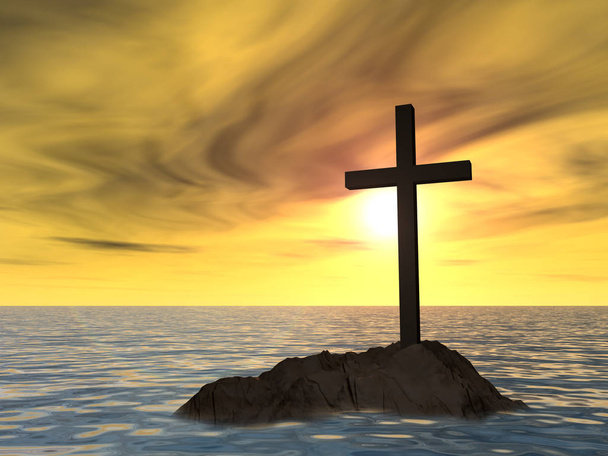 cruz cristã na rocha no mar
 - Foto, Imagem