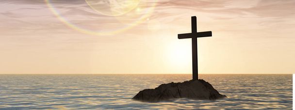 християнський хрест на скелі в морі
 - Фото, зображення