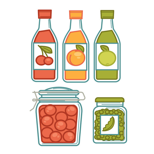 Juice in bottles and preserves in jars poster - Vector, Image