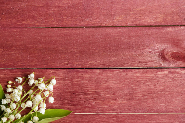 Red wooden background. Flowers lilies of the valley. Place for text. - Fotoğraf, Görsel