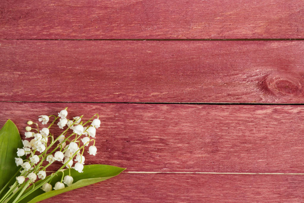 Red wooden background. Flowers lilies of the valley. Place for text. - Foto, immagini