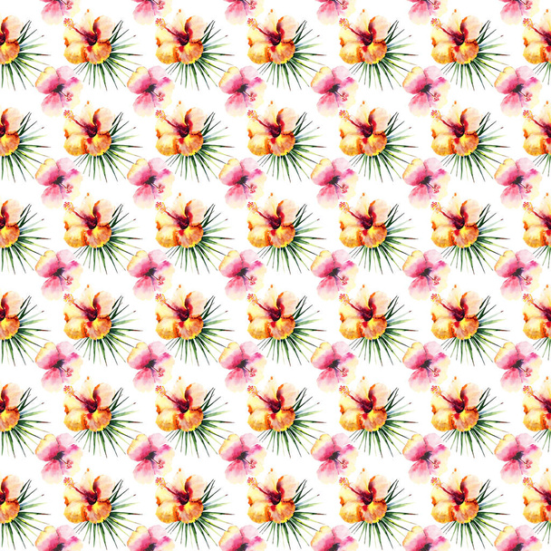Bright beautiful tender sophisticated lovely tropical hawaii floral summer pattern of a tropic light pink and yellow hibiscus and green palm leaves watercolor hand illustration. Perfect for textile - Fotó, kép