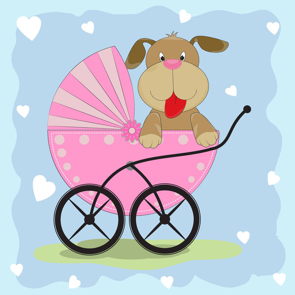 Greeting card it is a dog with  carriage. - Vector, imagen