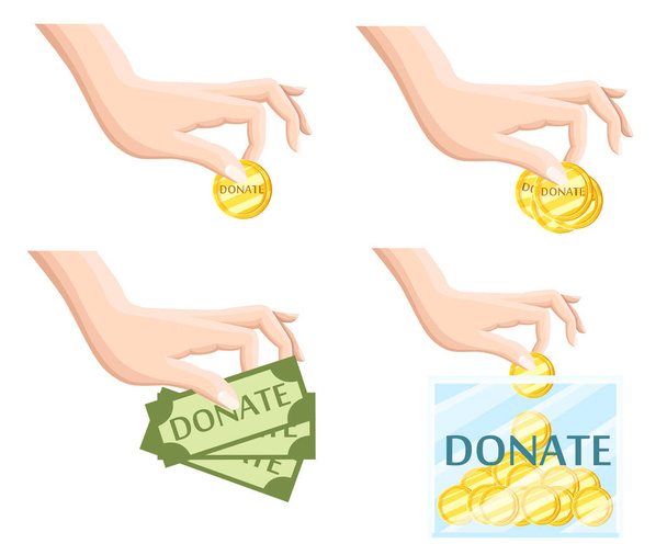 Adományozni segítségével szimbólumok jótékonysági szervezet lapos ikonok beállítása az élelmiszer- és adomány kézzel absztrakt elszigetelt vektoros illusztráció - Vektor, kép