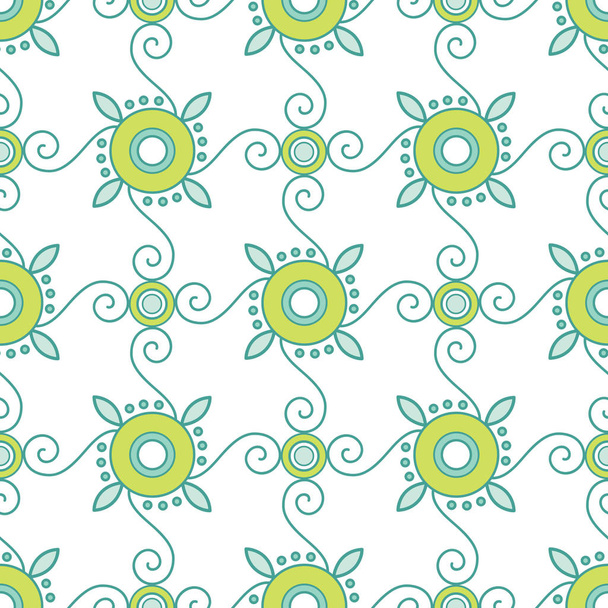 Abstract Geometric Seamless Pattern with Floral Ornament in Teal and Lime Green Color.  - Vektor, Bild