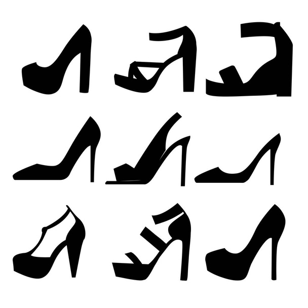 Set met verschillende soorten vrouwen schoenen silhouet. Collectie van de herfst, winter en voorjaar vrouwen vrouw schoenen - Vector, afbeelding