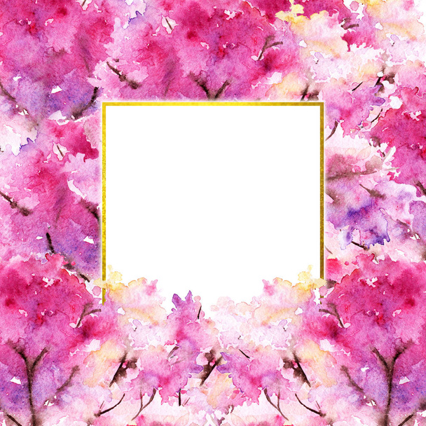 Watercolor pink cherry sakura flower floral tree romantic frame border illustration - Photo, Image