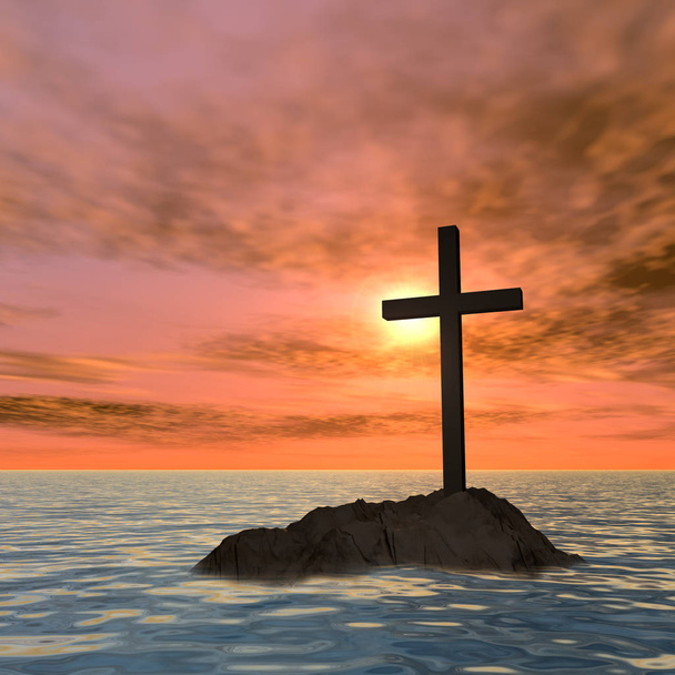 христианский крест на скале в море
 - Фото, изображение