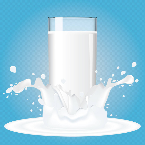 Przezroczyste szkło świeżego mleka w mleku plamy. Realistyczne ilustracja wektorowa - Wektor, obraz