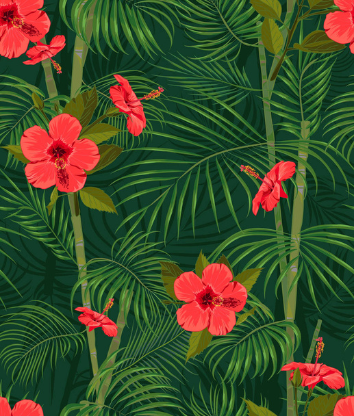 シームレスな手の手のひらで描かれた熱帯パターンの葉、暗い背景のジャングルのエキゾチックな花 - ベクター画像