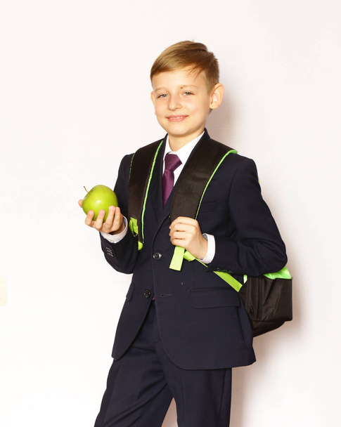 Portrait boy schoolboy in suit and tie- ready to go to school - Фото, изображение