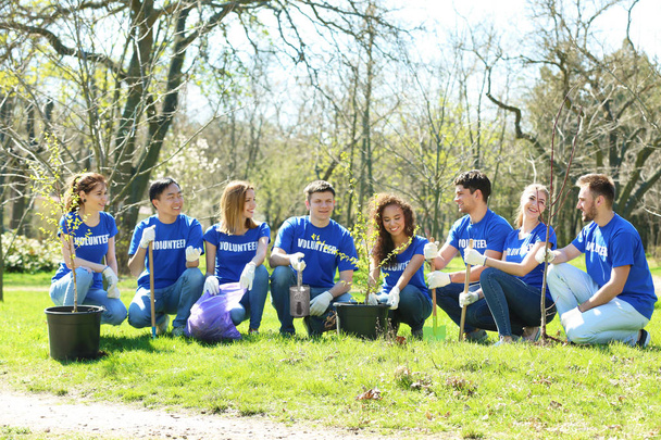 Group of volunteers in park on sunny day - Фото, изображение