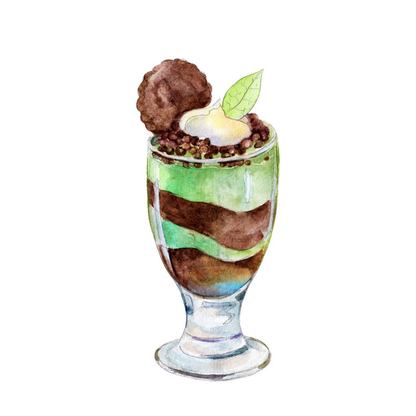 Saint Patricks day mint and chocolate sweet shot-glass desert, watercolor illustration in hand-drawn style isolated on white background. - Foto, Bild